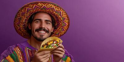 Festive man wearing traditional attire smiles while holding a colorful taco against a vibrant purple background photo