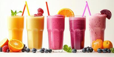 Colorful fruit smoothies lined up with fresh fruits on display in a bright kitchen setting photo