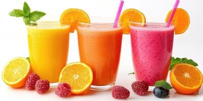 Refreshing fruit smoothies in vibrant colors served with fresh fruits in a bright setting photo