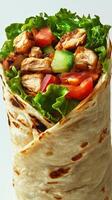 Grilled chicken wrap filled with fresh vegetables and greens, perfect for a healthy lunch photo