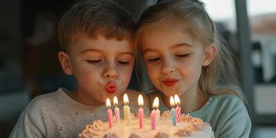 Children celebrating a birthday with cake and candles in a cozy indoor setting photo