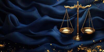 Gold balance scales on dark blue silky fabric representing justice and fairness in law photo