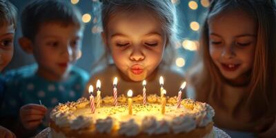 Children celebrate at a birthday party blowing out candles on a delicious cake in a charming evening setting photo