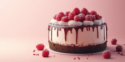 Delicious raspberry chocolate cake with cream and chocolate drizzle on a soft pink background photo