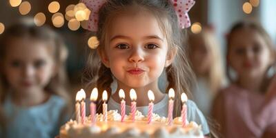 Girl celebrates birthday with cake and candles while friends cheer in a festive room filled with lights photo