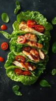 Fresh grilled chicken lettuce wraps with cherry tomatoes and greens on a dark surface photo