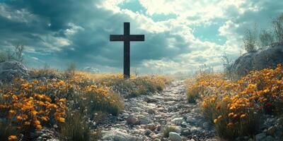 Cross standing amidst vibrant yellow flowers on a rocky path beneath a dramatic sky photo