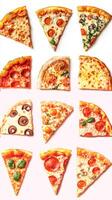 Various types of pizza slices arranged in an appealing grid format on a white background photo