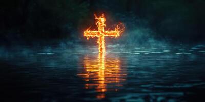 Fire burns brightly as a cross emerges from dark water at twilight, symbolizing faith and mystery photo