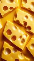 Delicious yellow cheese slices are artfully arranged on a bright background for an appealing culinary display photo