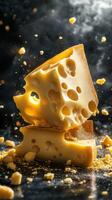 Cheese block breaking apart with crumbs flying in a dark setting showcasing texture and detail photo