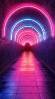 Vibrant neon lights illuminate a modern tunnel creating a mesmerizing atmosphere in a city structure photo
