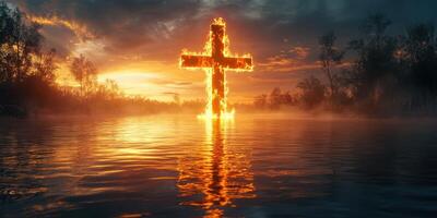 Burning cross illuminated by sunset over calm water creates a dramatic contrast in the tranquil landscape at dusk photo