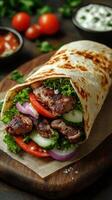 Wrap filled with grilled meat, fresh vegetables, and flavorful sauces served on a wooden board photo