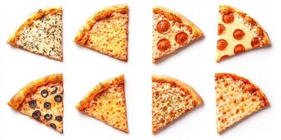 Different varieties of pizza slices arranged appealingly against a white background photo