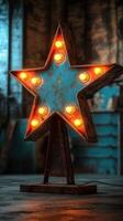Vintage star-shaped light fixture illuminating a rustic indoor space in warm tones photo
