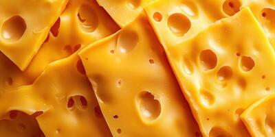 Yellow cheese slices piled together with holes and texture from various angles in a bright setting photo