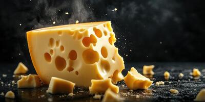 Delicious cheese wedge with holes breaking apart on dark background creates a tasty, appetizing visual experience photo