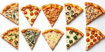 Nine delicious pizza slices arranged in a creative pattern featuring various toppings photo