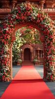 Floral archway leading to a vibrant courtyard with a red carpet in an ornate outdoor setting photo