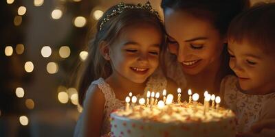 Family celebration with birthday cake and children in a warm, festive setting with soft lights photo