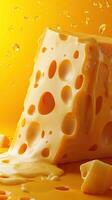 Yellow cheese melting on a surface with droplets of water against a bright yellow background photo