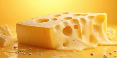Melting yellow cheese on a bright yellow surface during a culinary photo shoot for a food magazine
