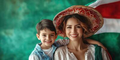 Mother and son dressed in traditional attire celebrating with a flag in the background at a cultural festival photo