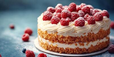 Raspberry cake decorated with fresh berries on a textured blue background during a sunny afternoon in a cozy kitchen setting photo