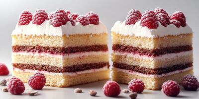 Delicious raspberry dessert with layers of cream and sponge cake, perfect for celebrating special occasions or indulging in sweet moments photo