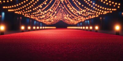 Elegant red carpet pathway illuminated by warm string lights for a glamorous event or celebration in a well-decorated venue photo