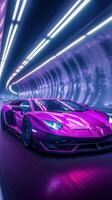 Vibrant pink supercar speeds through illuminated tunnel at night, showcasing futuristic design and dynamic motion photo