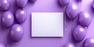 Purple balloons surround a blank canvas against a soft purple background for a celebration or creative event photo