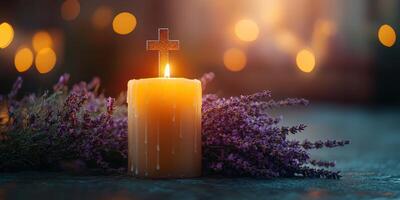 Warm candlelight shines over lavender flowers with a cross symbol during a peaceful evening reflection photo