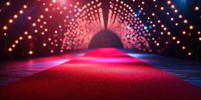 Glamorous runway with dazzling lights and red carpet ready for a fashion show in a stylish venue photo