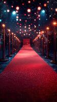 Elegant red carpet lined with glowing lights ready for an upscale event at night photo