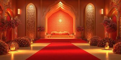 Decorative interior with elegant seating and vibrant floral arrangements in a warm light setting photo
