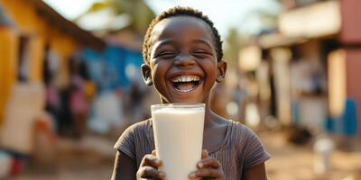 Child laughing while holding a glass of milk in a vibrant village during sunny afternoon photo