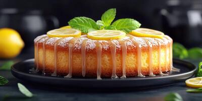 Delicious lemon drizzle cake garnished with fresh mint and lemon slices on a dark serving plate photo