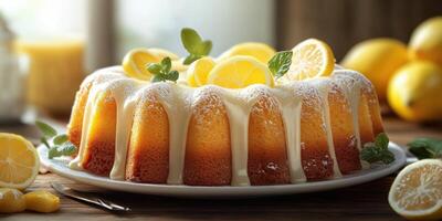 Delicious lemon bundt cake beautifully decorated with fresh lemons and mint leaves on a wooden table in a cozy kitchen setting photo