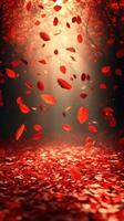 Vibrant red autumn leaves swirl softly in a magical forest setting during the season change photo