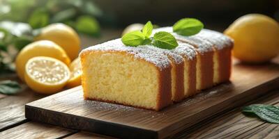 Lemon cake displayed on a wooden board surrounded by fresh lemons and mint leaves in a cozy kitchen setting photo
