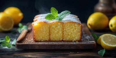 Freshly baked lemon cake with mint and lemons on a wooden board photo