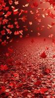 Vivid red autumn leaves swirling in the air create a captivating fall atmosphere in a serene outdoor setting photo