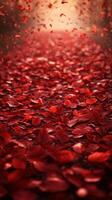 Vibrant red leaves blanket a tranquil pathway during autumn in a serene park setting photo