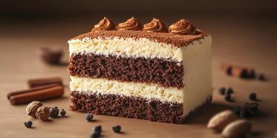 Decadent chocolate and vanilla layered cake on a rustic wooden background with spices photo