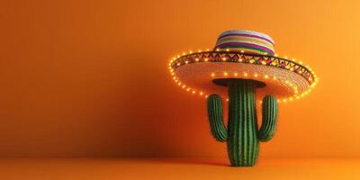 Colorful cactus wearing sombrero with lights against an orange background in festive atmosphere photo
