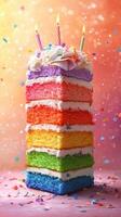 Colorful multi-layer cake with candles and decorations at a joyful celebration for children photo