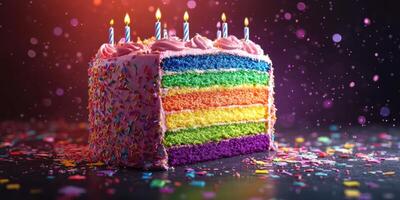 Colorful rainbow cake with candles and sprinkles at a festive celebration indoors photo