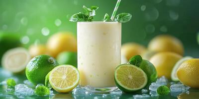 Fresh citrus smoothie made with limes and lemons garnished with mint leaves in a bright setting photo